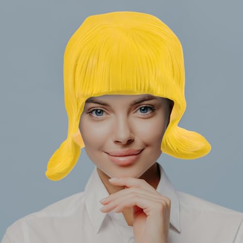 Peluca de cosplay para mujer corta de látex amarillo SHINEOFI 4