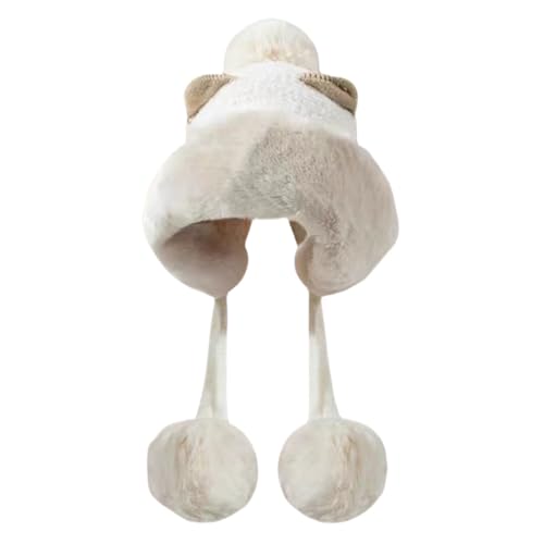 Winter Plush Hat Women Thick Plush Bearnie Faux Fur Warm Cute with 3 Pompoms and Cat Ears (White)