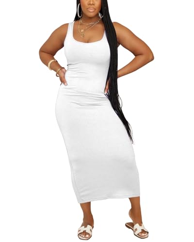 Image of Women Casual Summer Tank Top Dress Ribbed Bodycon Midi Sleeveless Sundress Sundress Basic Slim Fitted Pencil Dresses