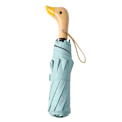 Travebo Travel Folding Umbrella with Cute Duck wooden Handle Wide Strap Rain/Sun UPF 50+ UV Protection Compact Lightweight Portable Sturdy & Collapsible 8 Ribs Women/Kids Backpack/Car