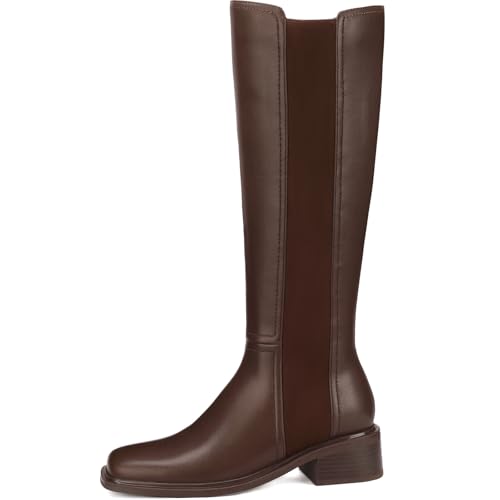 Knee High Boots for Women Flat Square Toe Chunky Block Low Heel Side Zipper Soft-Soled Tall Long Boots2