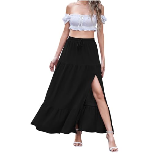 HGps8w Women's 2025 Summer Boho Linen Slit Flowy Maxi Skirt, Trendy Elastic Waist A Line Tiered Beach Long Skirts