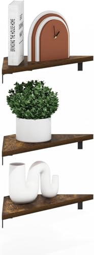 Image of Furinno Rossi Triangle Corner Floating Shelves, Wall Mount Display Shelf, Amber Pine, Set of 3 (Pack of 2)