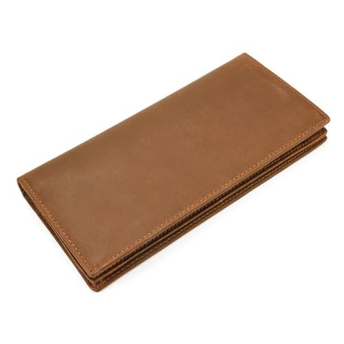 Image of Yevabo Vintage Full Grain Genuine Leather Long Bifold Wallet for Men, Multiple Card Slots, Zipper Pocket ID Window for Checkbook Credit Cards, Brown