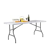 ANJIONG Folding Table 6ft Portable Heavy Duty Plastic Fold-in-Half Utility Picnic Table Plastic Dining Table Indoor Outdoor for Camping White