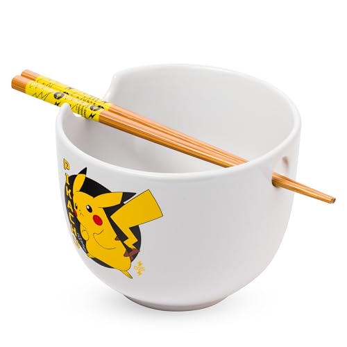 Silver Buffalo Pokemon Pikachu Ceramic Ramen Noodle Rice Bowl with Chopsticks, Microwave...