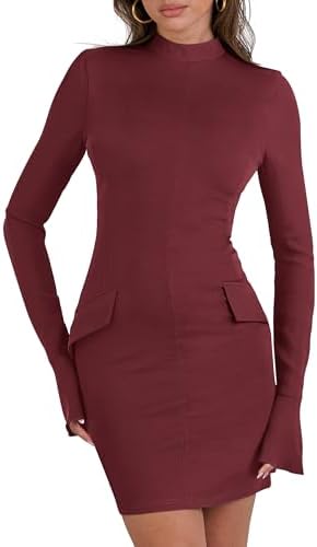 ANRABESS Women's Long Sleeve Mock Neck Sexy Bodycon Mini Dress Dressy Casual Elegant Formal Party Blazer Dresses with Pockets