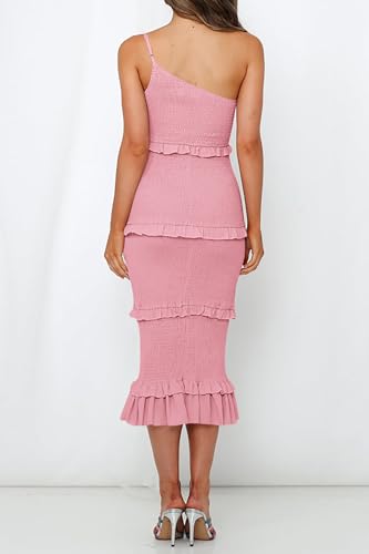 Image of PRETTYGARDEN Women's Summer Midi Bodycon Dresses One Shoulder Strappy Tiered Ruffle Floral Boho Sun Dress