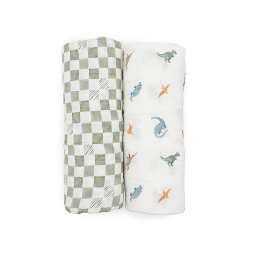 Image of Little Unicorn 100% Certified Natural Organic Cotton Muslin Swaddle Blanket 2 Pack | Giftable Set of 2 swaddles (Little Dino)