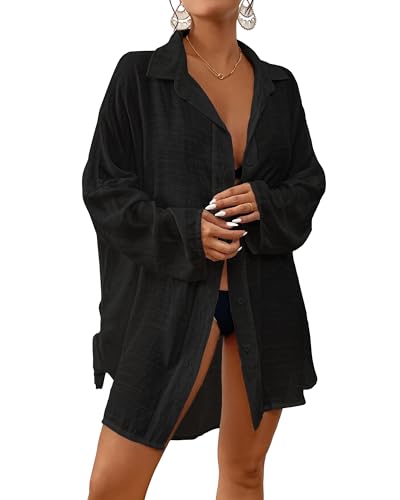 Bsubseach Women Button Down Beach Shirt Cover Up for Swimwear Blouse Tops Black