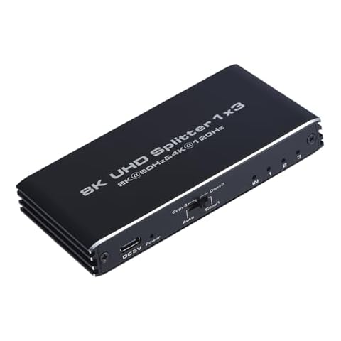 8K@60Hz HDMI Splitter 1 in 3 Out, 1x3 HDMI 2.1 Splitter Support 4K@120Hz, 1080P@240Hz VRR HDCP2.3 HDR HDR10 48Gbps EDID Dolby Atmos 7.1ch, Only Duplicate/Mirror Screens Not Extend Cover