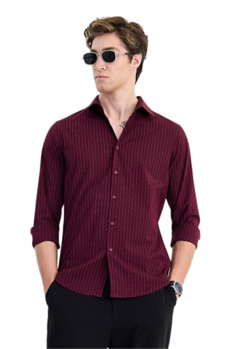 Image of SNITCH Luxe Men Formal Shirt | Slim Fit Full Sleeve Spread Collar Pinstripe Design | Breathable Viscose Blend & Stretch Fabric for Office Wear & Business Meetings