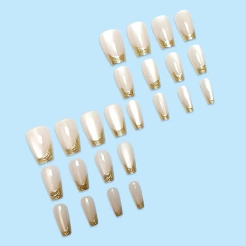 Image of Gold French Tip Press On Nails Square Shape | Nude Glossy Fake Nails with Metallic Chrome Edge Design | Short Medium Stick On Nails Reusable Full Cover Artificial Nails for Women | Reusable Nail Extension For Women With Glue Tab | Long Lasting Glossy Finish Artificial Nails | Easy to Apply Fake Nails for Salon Look at Home | Stick-On Manicure Kit For Parties, Weddings And Gifts | Trendy Nail Art Set for All Occasions (Peach-GoldCatEye)
