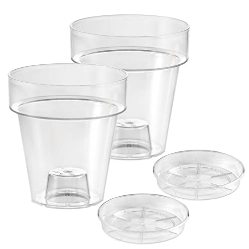 ECOMACETAS FLOWERPOT STORE Maceta para Orquídea, de Plástico Transparente, con Plato Incluido. con Escalón Interior y Base perforable. (2, 14cm)