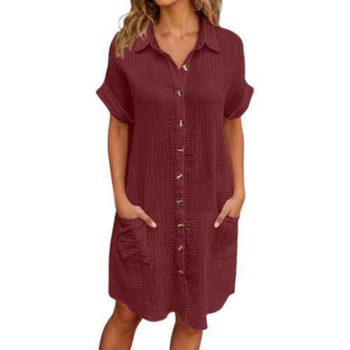 Générique Robe Longue Femme, Robe Chemise Lin Coton Femme Ete Chic Et Elegant Manches Courtes Casuel Couleur Unie Robes Tunique Fluide avec Boutons Grande...