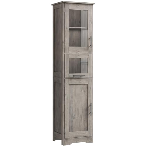 GarveeMore Armario Baño Alto Estrecho, Mueble de Baño con Puertas y Estante Ajustable, para Baño, Lavandería y Espacios Pequeños, Gris, 40×31×170 cm