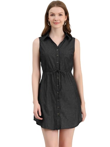 Image of Allegra K Women's Chambray Dress Sleeveless Button Down Jean Denim Shirt Dresses