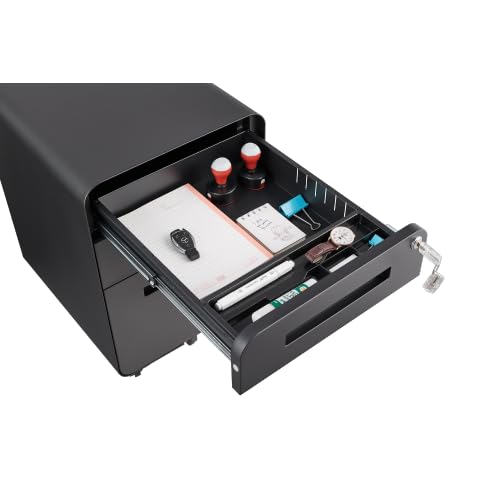 Cassettiera con serratura a 3 cassetti - Armadietto portatile in metallo con 5 ruote di sicurezza e cartella sospesa regolabile in altezza, colore nero