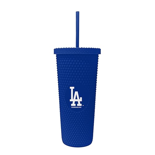 Logo Brands MLB Studded Straw Tumbler Textured Travel Cup With Lid 24oz (Los Angeles Dodgers)