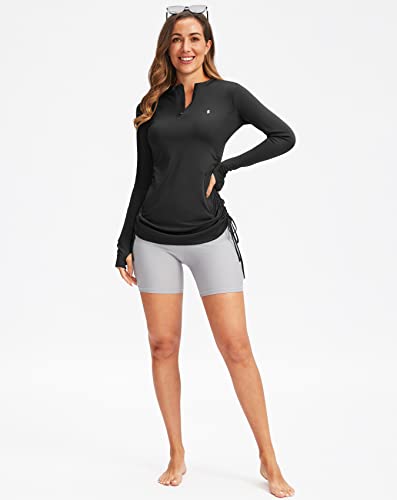 Soothfeel Women'S Long Sleeve Uv Sun Protection Rash Guard Shirts Upf 50+ Swim Shirt Swimsuits Top For Women With Zip Pockets Black thumb #5