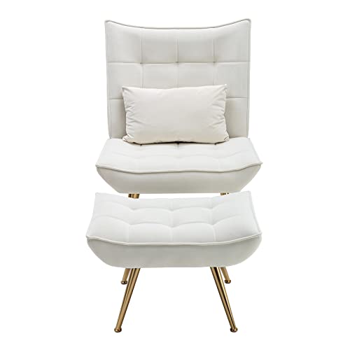 Duomay Modern Accent Chair With Ottoman And Pillow, Velvet Upholstered Leisure Reading Chair And Footrest With Gold Metal Legs, Large Width Living Room Chair For Reading Room Bedroom, Beige #TOP7