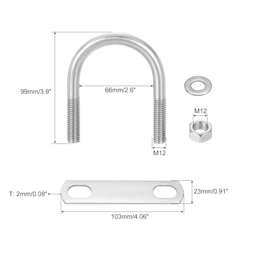 Image of uxcell Round U-Bolts, 8 Sets 66mm(2.6 inch) Inner Width 99mm Length M12 304 Stainless Steel U Clamp Bolt with Nuts and Plates, for Boat Trailer