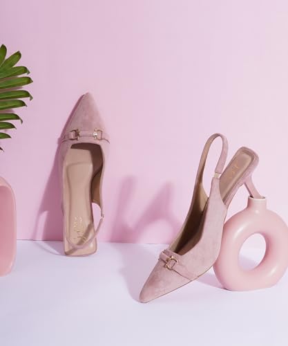 Image of JM LOOKS Women's Sophisticated Pointed Toe Slingback Kitten Heels with Metallic Buckle Accent for Professional and Evening Elegance