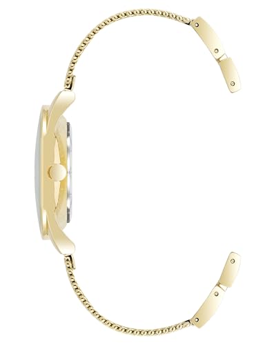 Image of Nine West Women's Analog Watch, Gold-Tone Mesh Bracelet, Limited Movement, Mineral Crystal Lens, Black Glossy Dial, Water Resistant
