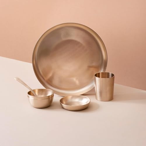 Image of Indian Dining Collection Bronze Dinner Set for Traditional Meals | Handcrafted Kansa Thali Set with Bowls, Glass (Matte Finish | 36-Piece (Serves 6))