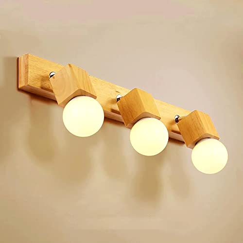 Mjsdjof Aplique de pared de espejo de baño de madera de 3 luces, accesorio de iluminación decorativa de tocador, casquillo E27, lámpara de pared industrial moderna, luces de pared de troncos de dormit