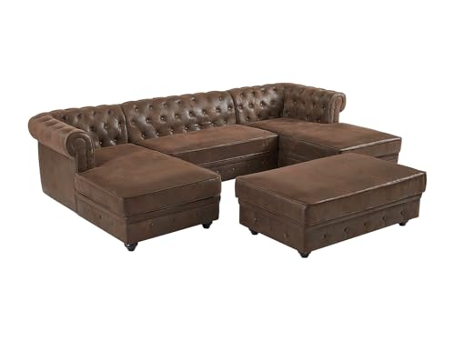 Vente-unique - Canapé d'angle panoramique et Pouf en Microfibre Aspect Cuir Vieilli Chesterfield