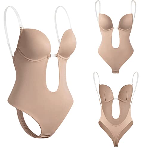 DingM Seafly Damen Rückenfrei Body Shapewear Unterwäsche U Plunge Bodysuits Klarer Träger Partykleid Unsichtbare BHs, beige, 38 Cover