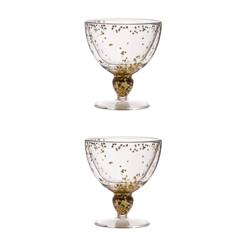 Image of Nestasia Glass Set Of 2 Double Wall Goblets | 250Ml, Gold Star-Shaped Sequins, Dishwasher Safe, Stemmed Design, Elegant Drinkware For Wine, Iced Lattes, Brandy & Mocktails