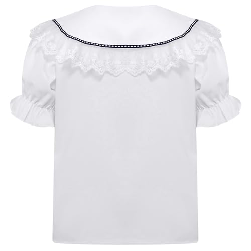 FEESHOW Girls Summer Puff Short Sleeve Button Down Shirts Kids Ruffle Hem Turn-Down Collar Blouse 5-16 Years2