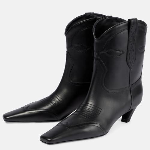 Women's Square Toe Kitten Heel Cowboy Boots Fashion Embroidered Pull On Wide Calf Cowgirl Boots Fall Winter Dressy Chunky Heel Western Boots for Women2