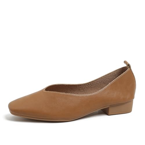 HIPPOSEUS Women's Low Heel Pumps Shoes Slip On Dress Shoes Matte Square Toe Casual Office Shoes