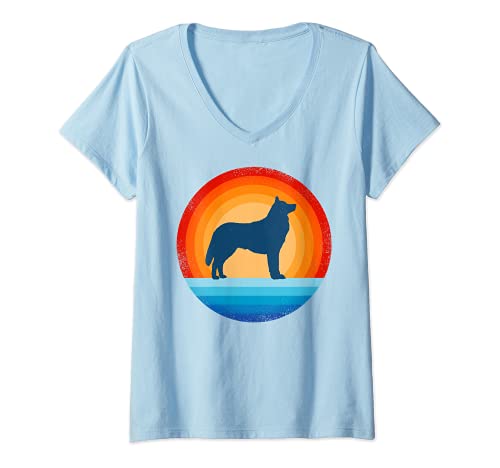 Donna Siberian Husky Retro Vintage anni '60 70 Sunset Dog Amanti Uomini Maglietta con Collo a V