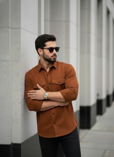 Image of DEELMO Men's Classic Cotton Blend Slim Fit Shirt || Full Sleeve Button-Down Casual Shirt with Dual Flap Pockets || Soft Breathable Fabric || Ideal for Office Party and Everyday Wear
