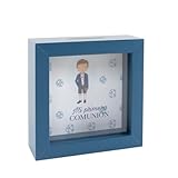 Hucha de Madera Mi Primera Comunión, 15 x 15 x 5 cm, Diseño Niño y Niña, Rosa y Azul, Caja con Ranura para Monedas (Niño - Azul)