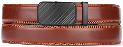 Marino Men’s Genuine Leather Ratchet Dress Belt With Automatic Buckle, Enclosed in an Elegant Gift Box - Diagonal Weave - Burnt Umber - Adjustable from 38" to 54" Waist