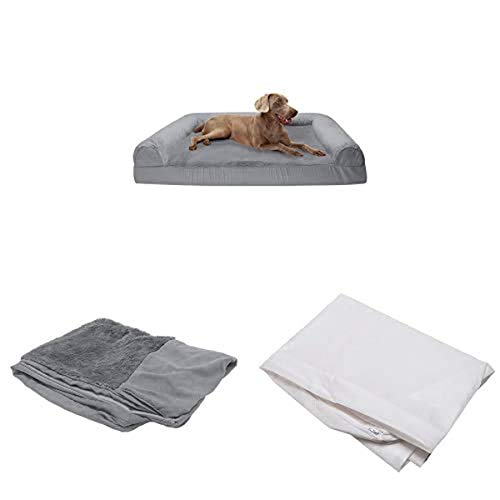 Furhaven Pet Bundle - Jumbo Plus Gray Cooling Gel Memory Foam Ultra Plush Faux Fur & Suede Sofa, Extra Dog Bed Cover, & Water-Resistant Mattress Liner For Dogs & Cats #TOP8