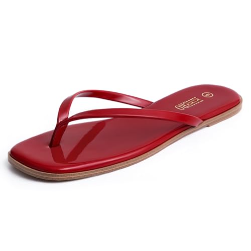 Image of Rihero Flip Flops for Women Comfortable Square Toe Beach Sandals Slip On Leather Thong Flat Sandals Dressy