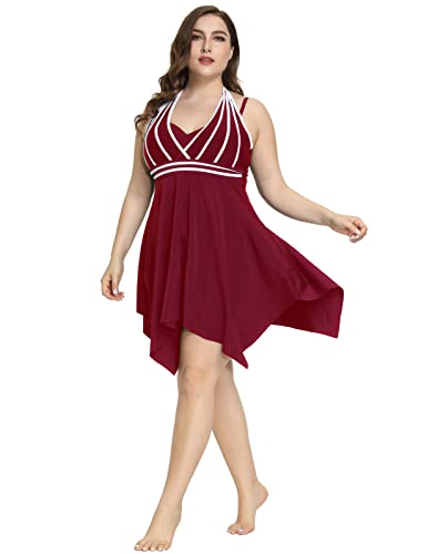 Women Plus Size Swimsuits Two Piece Tankini Swimdress Halter Tank Top With Boyshort 24W #TOP2