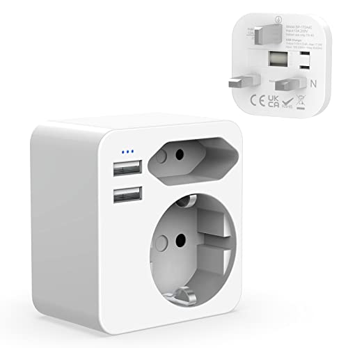 Hoppac Adaptador Enchufe Europeo y Schuko a Reino Unido con 2 USB 2.4A, Adaptador Enchufe EspañOl a Ingles para Irlanda, Inglaterra, Tipo G