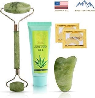 Jade Roller & Aloe Vera Gel Massage Tool Set | Anti Aging Massage Kit | Healing Slimming & Wrinkle Treatment For Face Neck & Body | Jade Roller For Face Includes Gua Sha & 24k Gold Eye Patches