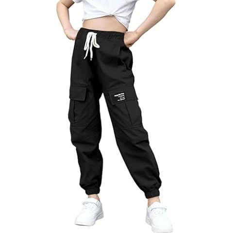 BINPAW Girls Cargo Pants Drawstring Elastic Waist Loose Tapered Jogger Pants with Pockets, Black, 9-10 Years = Tag 150 Cover