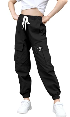 Image of Girls Cargo Pants Drawstring Elastic Waist Loose Tapered Jogger Pants with Pockets, Black, 14-16 Years = Tag 180