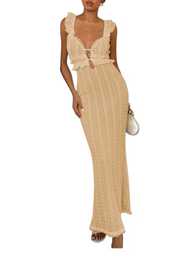 Image of SOLY HUX Women's Maxi Dress Crochet Ruffle Sleeveless Backless Bodycon Long Dresses
