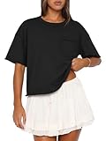 ATHMILE Yoga Womens Oversized T-Shirts Short Sleeve Black Workout Crop Tops Casual Drop Shoulder Boxy Roll Hem Basic Loose Tees