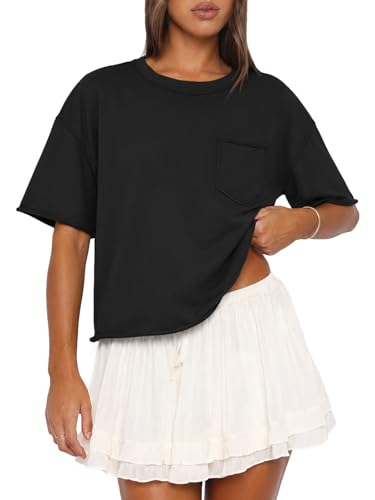 Image of ATHMILE Womens Crop Tops Workout Shirts Gym Oversized Spring Summer Basic Tees Short Sleeve Casual Loose Drop Shoulder 2026